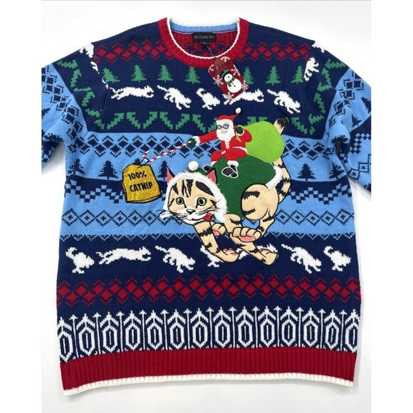 Blizzard Bay Ugly Christmas Sweater Mens XL Santa Riding Cat Catnip Funny NEW - Picture 5 of 12